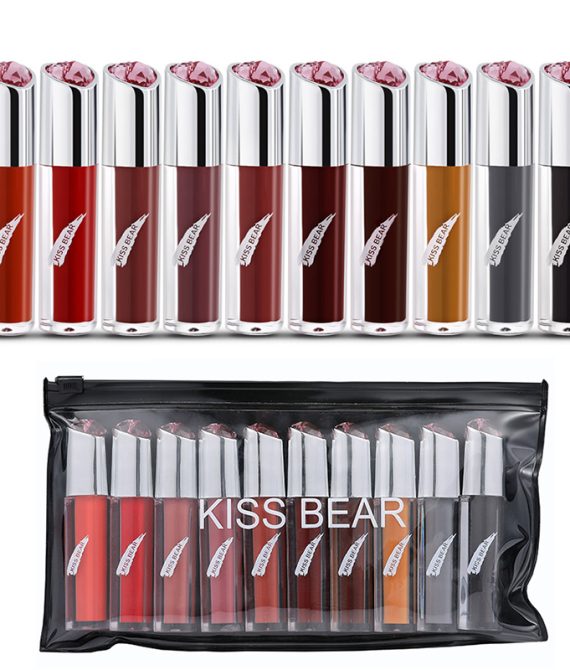 KISS BEAR Σετ 10 τεμαχίων Ματ Lip Gloss σε Διάφανο Τσαντάκι (Beauty 11307)