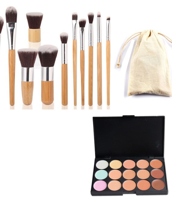 Σετ Παλέτα Concealer 15 Χρωμάτων και 11 Πινέλα Bamboo με Λινό Πουγγί Αποθήκευσης