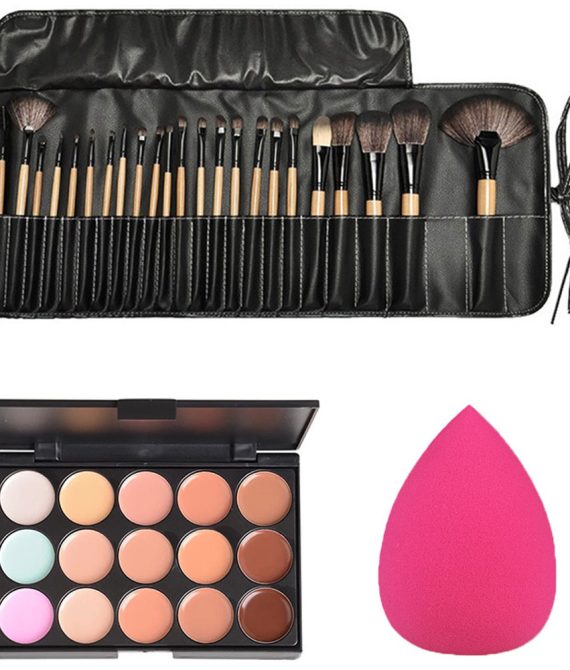 Σετ Παλέτα Concealer 15 Χρωμάτων, Σφουγγαράκι Μακιγιάζ και 24 Πινέλα Μακιγιάζ με Ξύλινες Λαβές